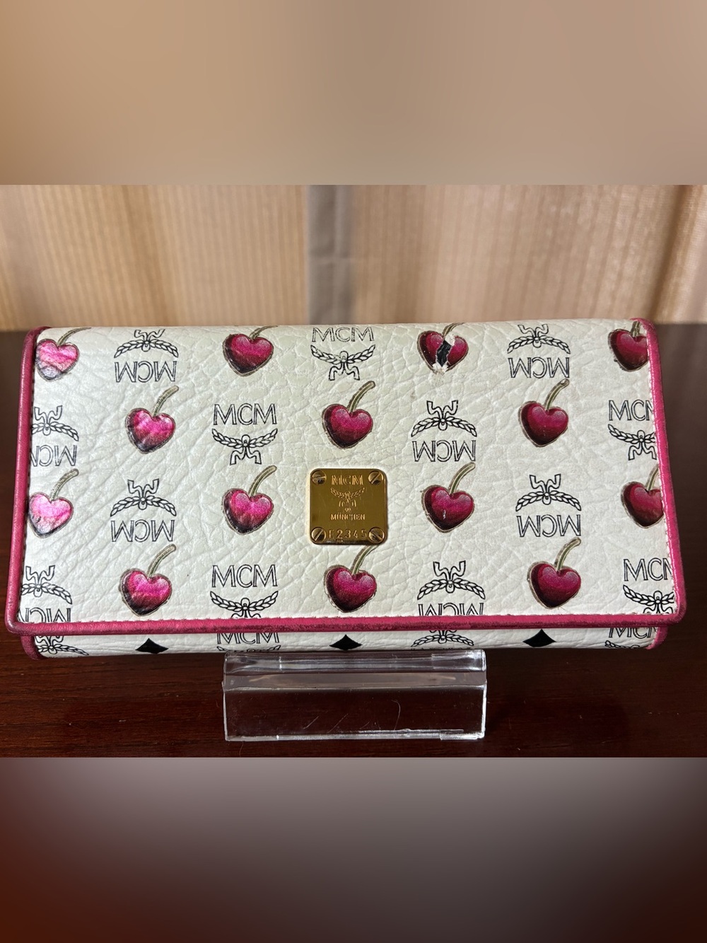 MCM White Cherry Print Continental Wallet with Pink Trim and Gold Plaque